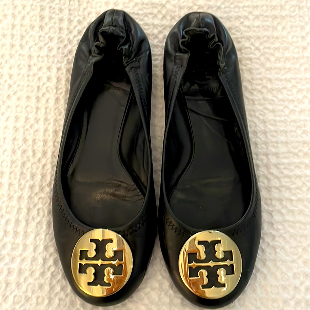Tory Burch black leather flats; size 7
